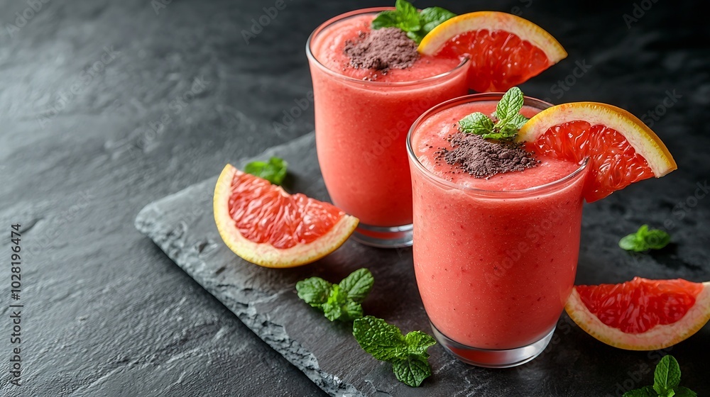 Poster strawberry pink grapefruit smoothie with acai powder on a gray stone background : generative ai