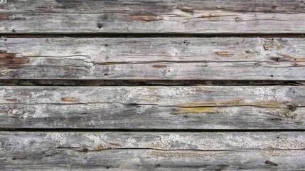 Fototapeta premium Weathered Gray Wooden Planks with White and Green Growth