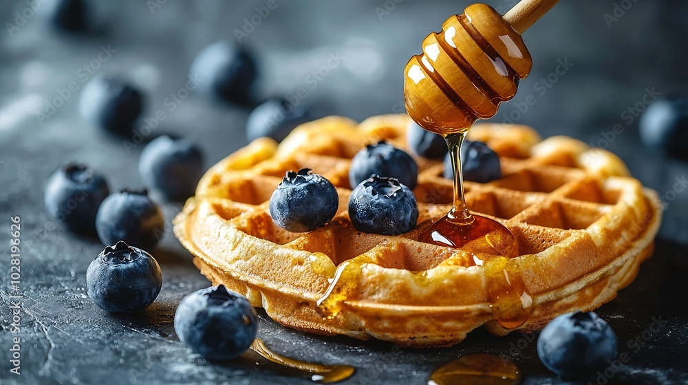 Poster honey pouring on a fresh waffles with blueberries breakfast table : generative ai