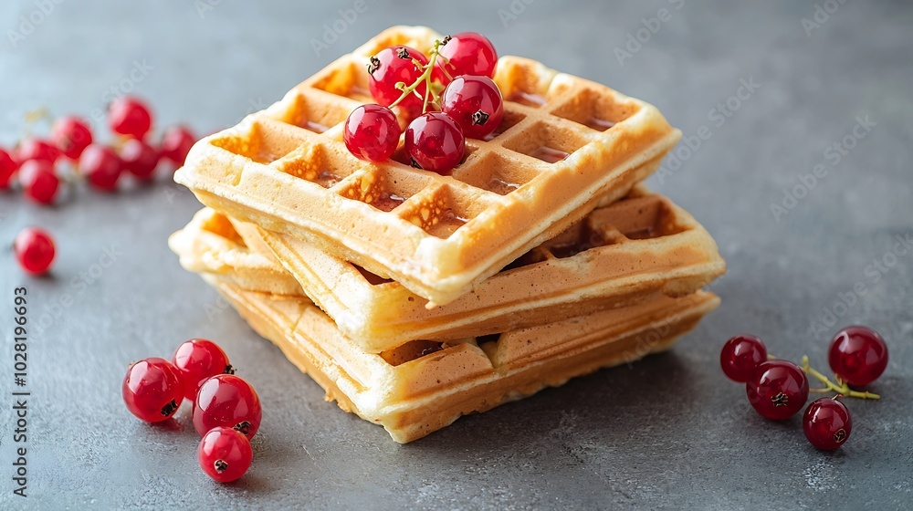 Poster belgian waffles with fresh red currant berries grey background close up : generative ai