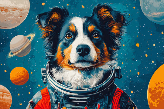 A dog astronaut in space suit against the backdrop of blue space, stars and planets.