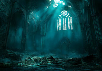 Abandoned Church Interior with Light Rays.