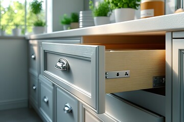 A kitchen with a white cabinet and a drawer that is open