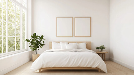 Fototapeta premium A serene bedroom featuring cozy bed with white bedding, complemented by natural light streaming through large windows. minimalist decor includes plant and simple artwork, creating calming atmosphere