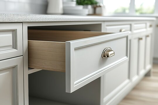 A kitchen cabinet with a white drawer that is open