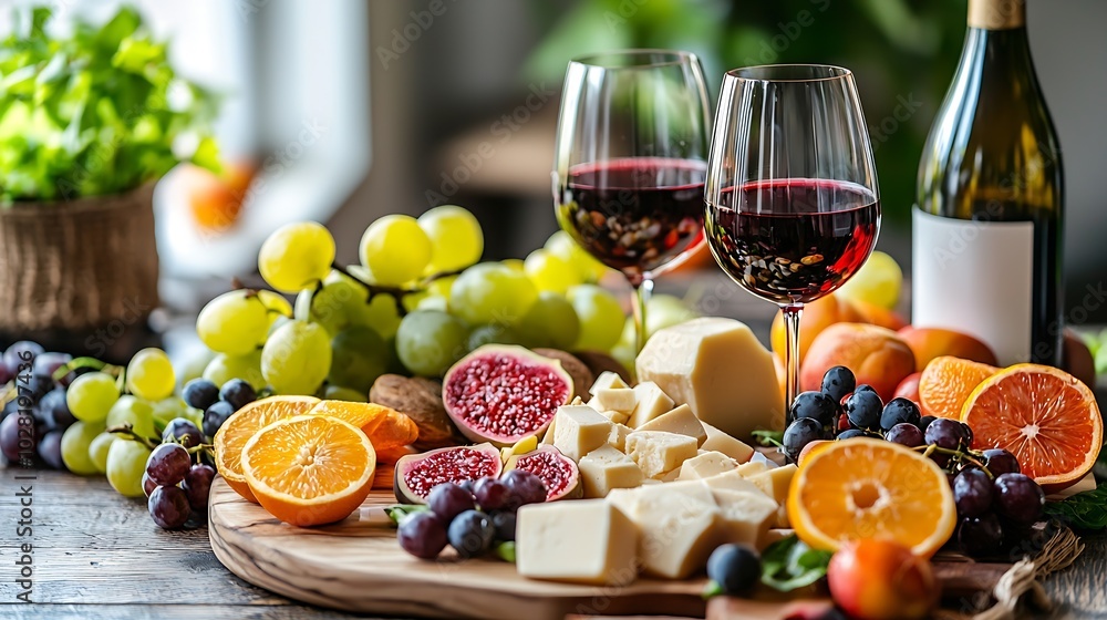 Poster cheese and fruits assortment on cutting board with red and white wine on wooden background copy spac