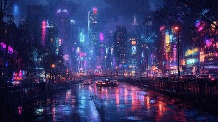 Naklejka premium A bustling city at night, skyscrapers towering above, their lights reflecting off walls covered in vibrant neon graffiti, painted in a rich watercolor style