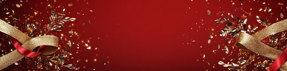 Festive red background with golden ribbons and sparkling decorations creates joyful atmosphere perfect for holiday celebrations. Ideal for invitations or seasonal promotions