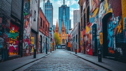 Fototapeta premium A throwback scene where dynamic street art vibrates under the shadows of towering skyscrapers, merging gritty urban culture with modern architecture