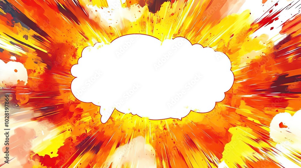 Poster a vibrant explosion graphic with a blank speech bubble for text insertion.
