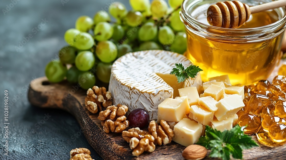 Aufkleber Assortment of cheese with honey nuts and grape on a rustic cutting board wooden background Copy space : Generative AI
