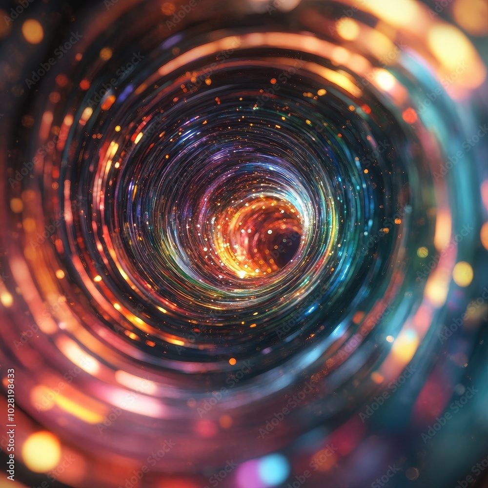 Poster a mesmerizing swirl of colorful lights and particles, creating a captivating cosmic tunnel effect.