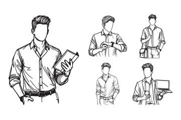 Line art depicting elegant men as entrepreneurs in casual style