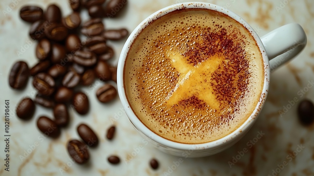 Poster cup of coffee with ethiopia flag on marble table top view : generative ai