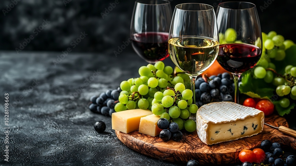 Poster assortment of cheese grapes with red and white wine in glasses stone and wood background close up co