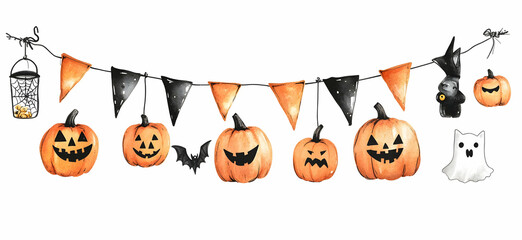 Halloween Garland With Pumpkins, Bats, Ghosts and Flags.