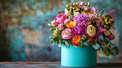 Colorful bouquet of flowers in turquoise box wooden table Copy space : Generative AI