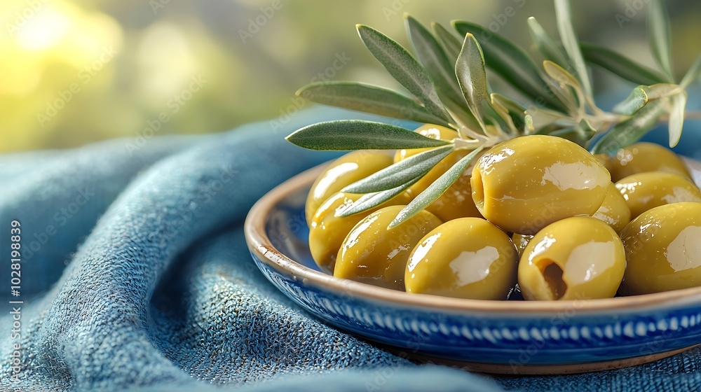 Poster assortment of fresh olives on a plate with olive tree brunches blue textile background close up : ge