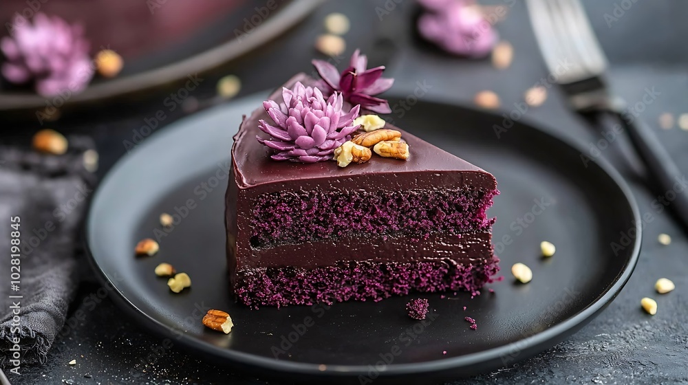 Poster vegan chocolate beet cake with avocado frosting decorated with nuts and seeds : generative ai
