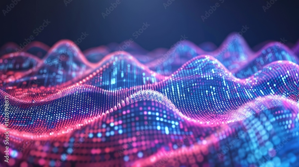 Poster abstract digital waves with vibrant colors and illuminated dots in a dark background.
