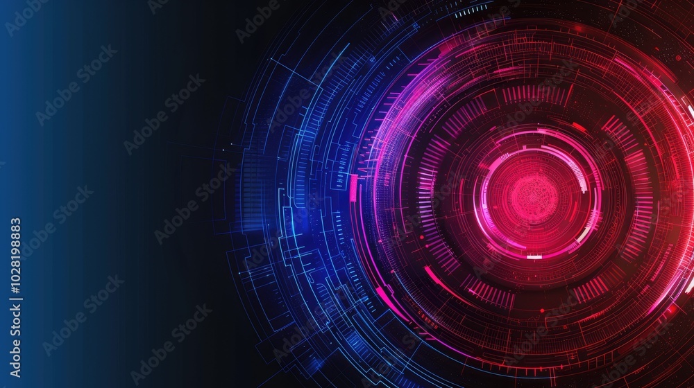 Poster abstract futuristic digital background with blue and pink circular patterns.