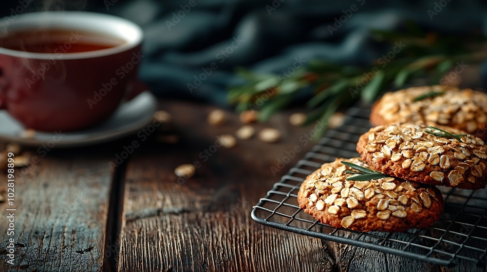 Poster oat vegan cookies on cooling rack with cup of tea wooden background copy space top view : generative
