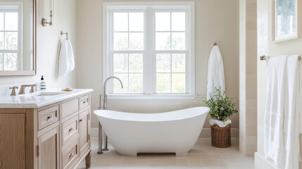 A modern bathroom featuring freestanding white bathtub, elegant wooden cabinetry, and large windows that allow natural light to fill space. serene atmosphere is enhanced by soft towels and touch of gr
