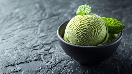 Fototapeta premium Matcha ice cream scoop in bowl on a grey stone background : Generative AI