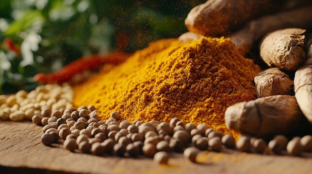 Assortment of spices Cumin carry turmeric coriander seeds on an old wooden cutting board Background text copy space : Generative AI