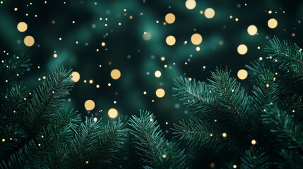 Fototapeta premium A serene winter scene featuring evergreen branches adorned with soft, glowing lights and gentle snowfall, creating magical holiday atmosphere