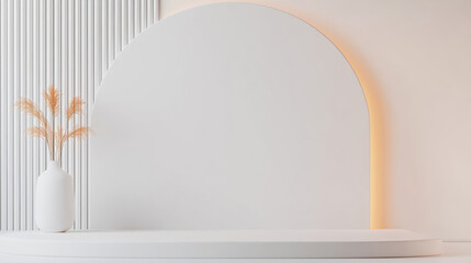 Fototapeta premium Minimalist design creates serene atmosphere with white arch wall and soft lighting. simple vase with dried plants adds touch of nature, enhancing calm aesthetic