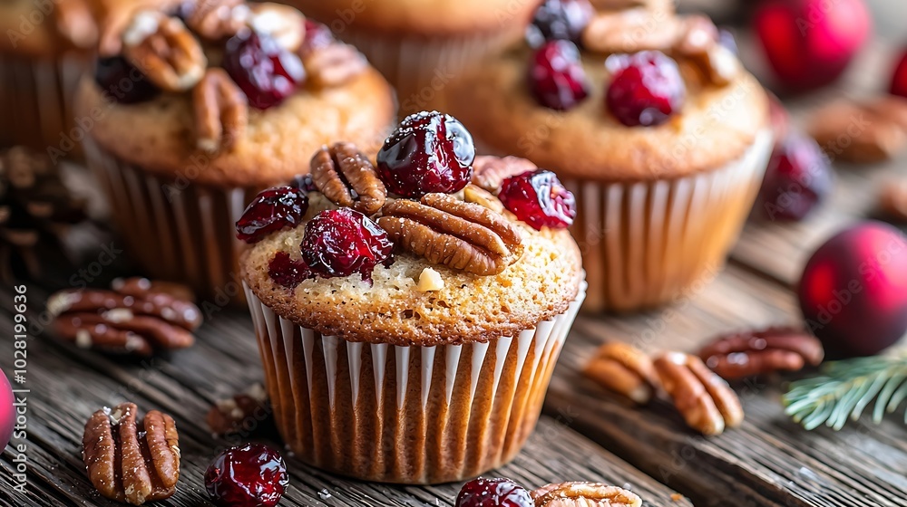 Poster muffins cakes with cranberry and pecan nuts christmas decoration top view : generative ai