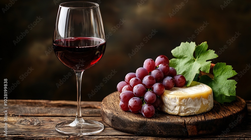 Aufkleber glass of red wine with fresh grape and cheese on wooden table close up copy space : generative ai