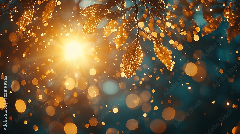 Poster Abstract nature bokeh background Golden heaven light Blurred background from nature with sun splash and gold leaves : Generative AI