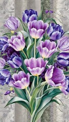 Obraz premium Purple and blue tulips watercolor illustration set. Seamless background pattern. Fabric wallpaper print texture.