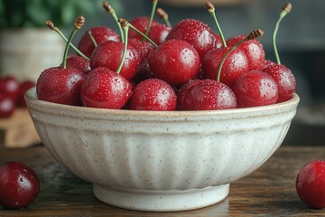 A bowl of cherries sits on a wooden table