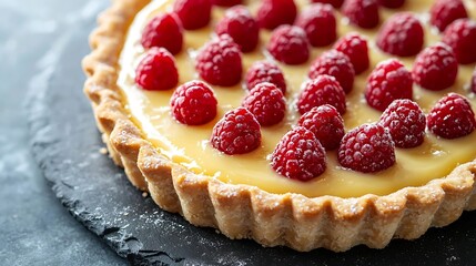 Raspberry tart with vanilla custard and white chocolate on slate board Copy space : Generative AI