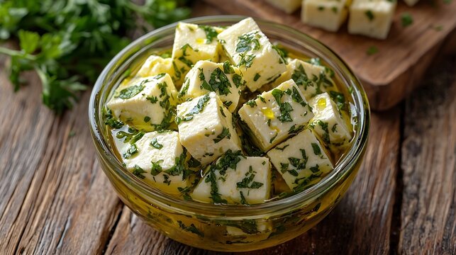 Feta cheese marinated in olive oil with fresh herbs in glass jar Wooden background Copy space : Generative AI