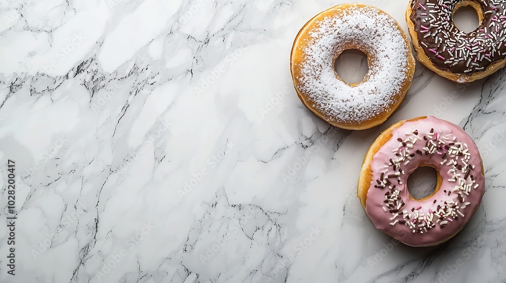 Poster Coffee with donuts on marble table background Copy space Top view : Generative AI