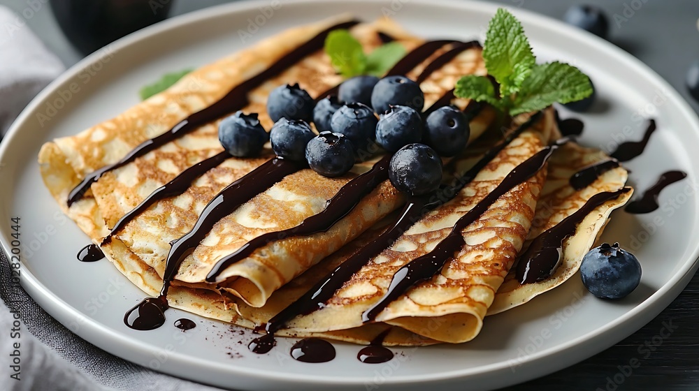Poster crepes thin pancakes with chocolate sauce and fresh blueberries grey background close up top view : 