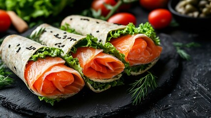 Wrap sandwich roll with fish salmon and vegetables Dark background Top view : Generative AI