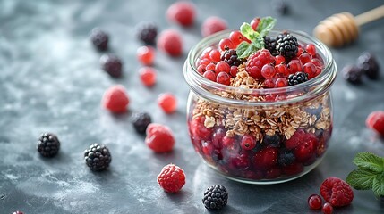 Healthy breakfast Fresh granola muesli with berries honey in a glass jar : Generative AI