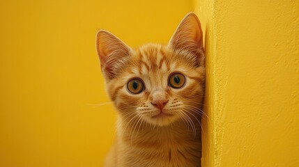 cat cautiously peeks around a corner against a yellow background created with Generative AI technology. Copy space. 