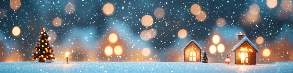 Fototapeta premium A serene winter scene featuring snow covered houses and Christmas tree, illuminated by warm lights amidst falling snowflakes. atmosphere evokes cozy holiday spirit