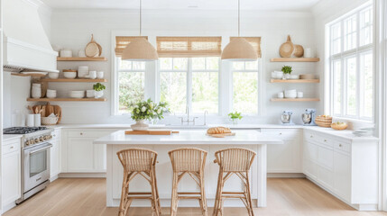 Fototapeta premium A bright and airy kitchen featuring white cabinetry, natural wood accents, and stylish rattan bar stools. large windows allow natural light to flood space, enhancing its inviting atmosphere