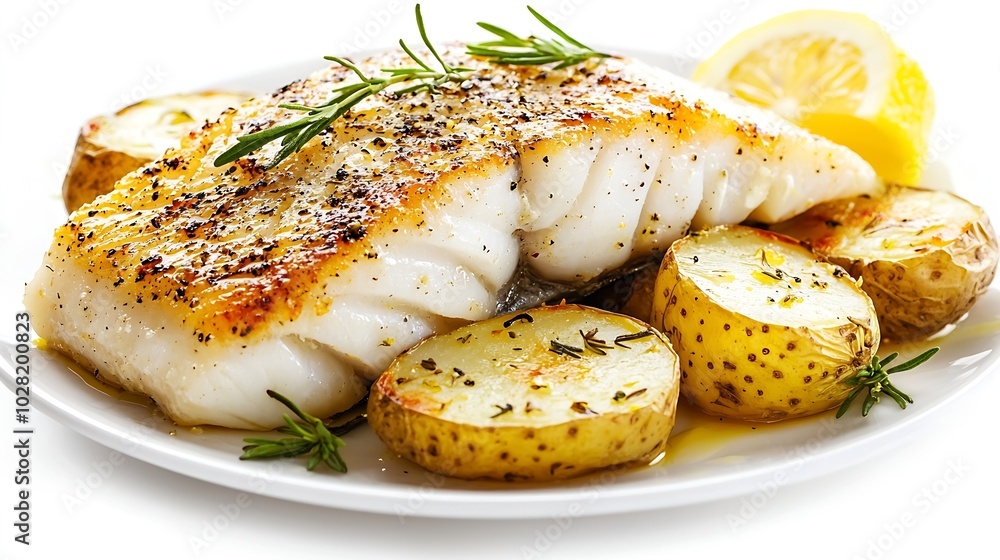 Poster Roasted cod codfish with baked potatoes and artichokes with lemon and herbs sauce on a white background Copy space : Generative AI