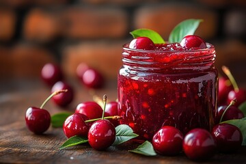 A jar of cherry jam is sitting on a wooden table with a bunch of cherries on top