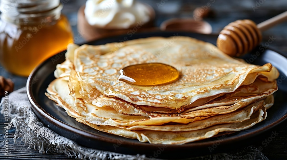 Poster crepes thin pancakes on a plate with honey and cream blue background close up : generative ai