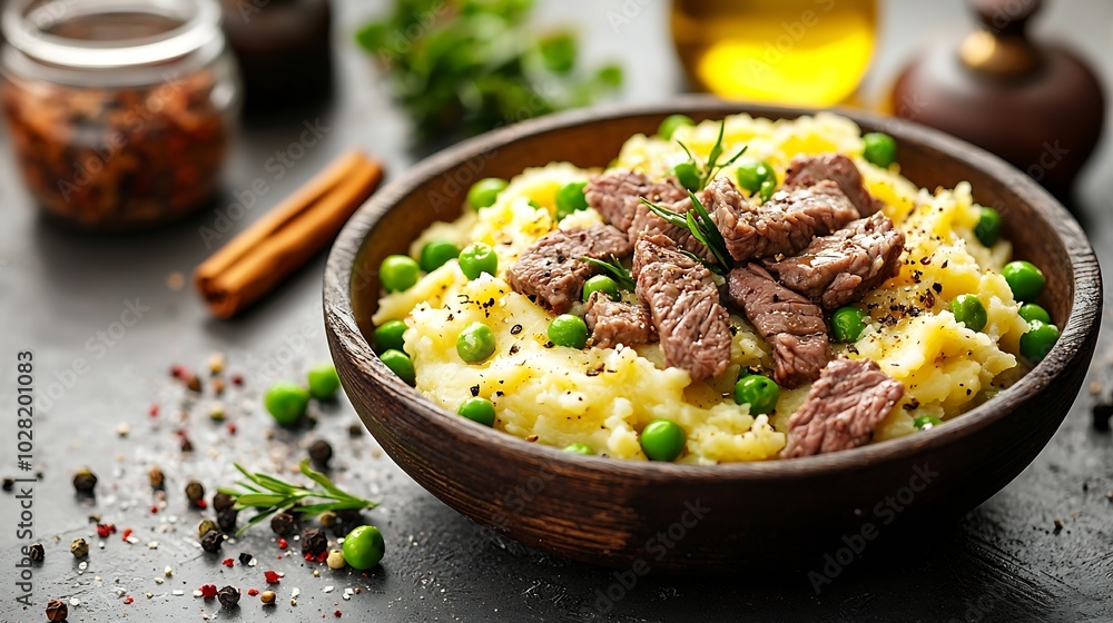 Poster mashed potatoes with beef meat and green peas in bowl grey background close up : generative ai