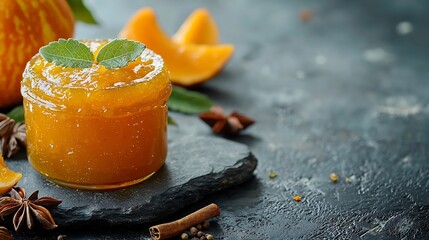 Pumpkin confiture jam sauce with spices on stone table Copy space : Generative AI